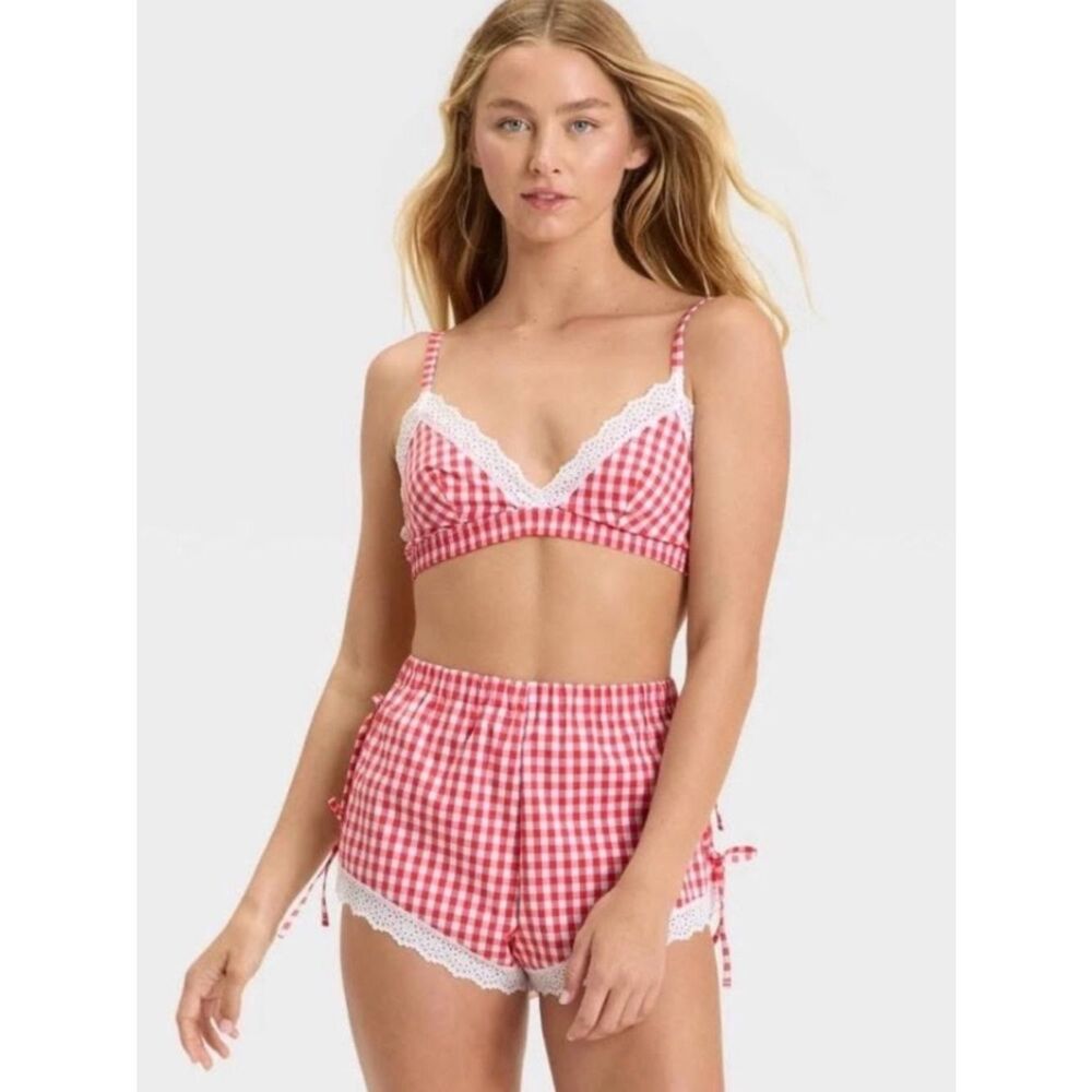 Closie NWT Red Gingham Lace Trim Bralette & Shorts Set Size M